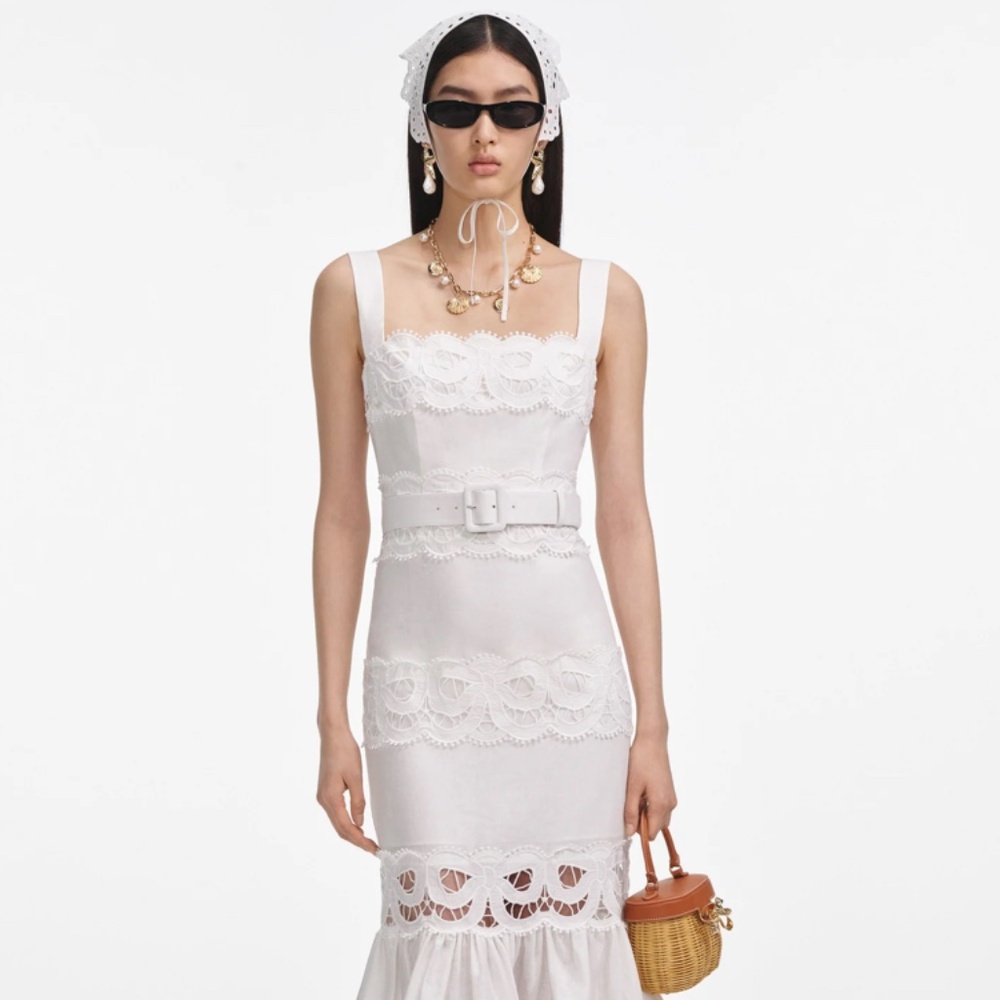 self-portrait White Linen Lace Insert Midi Dress Size: US6 - MSRP $690 - NWT